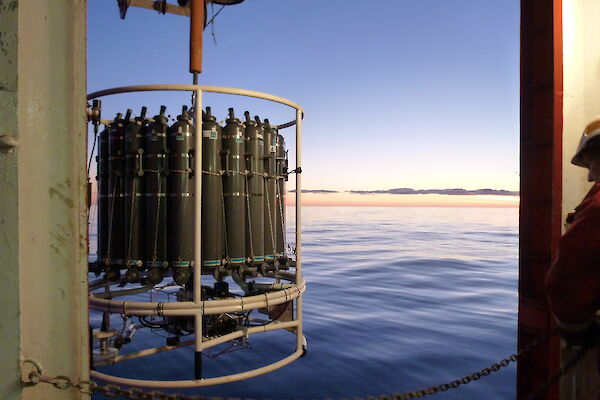 A ‘CTD’ (conductivity, temperature, depth) instrument deployed at sunrise on the Marine Science SR3 Transect and Mertz Glacier voyage