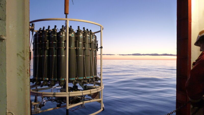 A ‘CTD’ (conductivity, temperature, depth) instrument deployed at sunrise on the Marine Science SR3 Transect and Mertz Glacier voyage