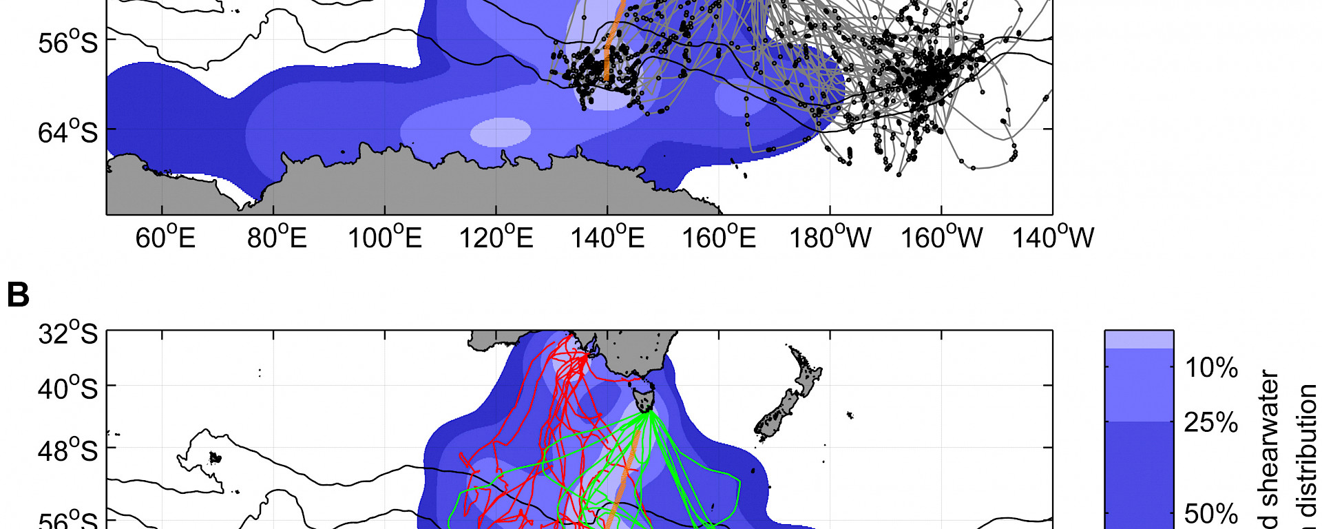 A: Sooty shearwater tracks (grey lines) and dive locations (black dots), with the short-tailed shearwater habitat utilisation from panel B included for reference. Note the overlapping use of the Polar Front zone around 140°E. The northern and southern branches of the Polar Front (black) and the trawl transect (dotted orange) are shown. B. Short-tailed shearwater tracks from two South Australian islands (red lines) and from Wedge Island, Tasmania (green lines), and their corresponding combined habitat utilisation (background colours)