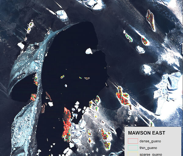 A QuickBird satellite image of islands in the study area with bright areas of guano highlighted in red, green and yellow.