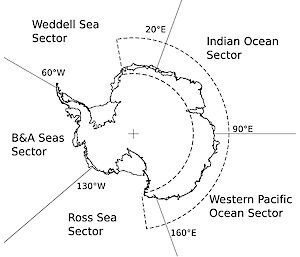 Graphic of Antarctica showing the study area, from 10Â°W to 172Â°E, which is divided into the Indian Ocean Sector and Western Pacific Ocean Sector in East Antarctica.