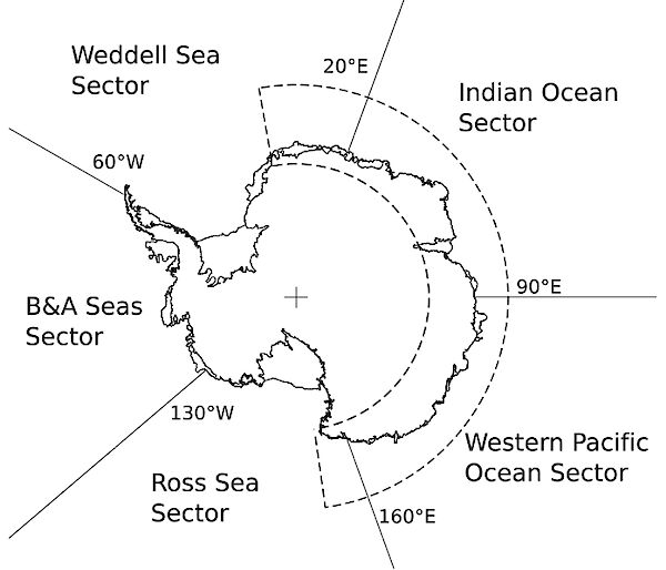 Graphic of Antarctica showing the study area, from 10°W to 172°E, which is divided into the Indian Ocean Sector and Western Pacific Ocean Sector in East Antarctica.