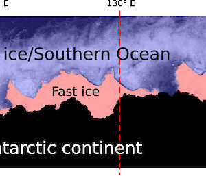 A composite image showing the fast ice in pink and pack ice in purple.