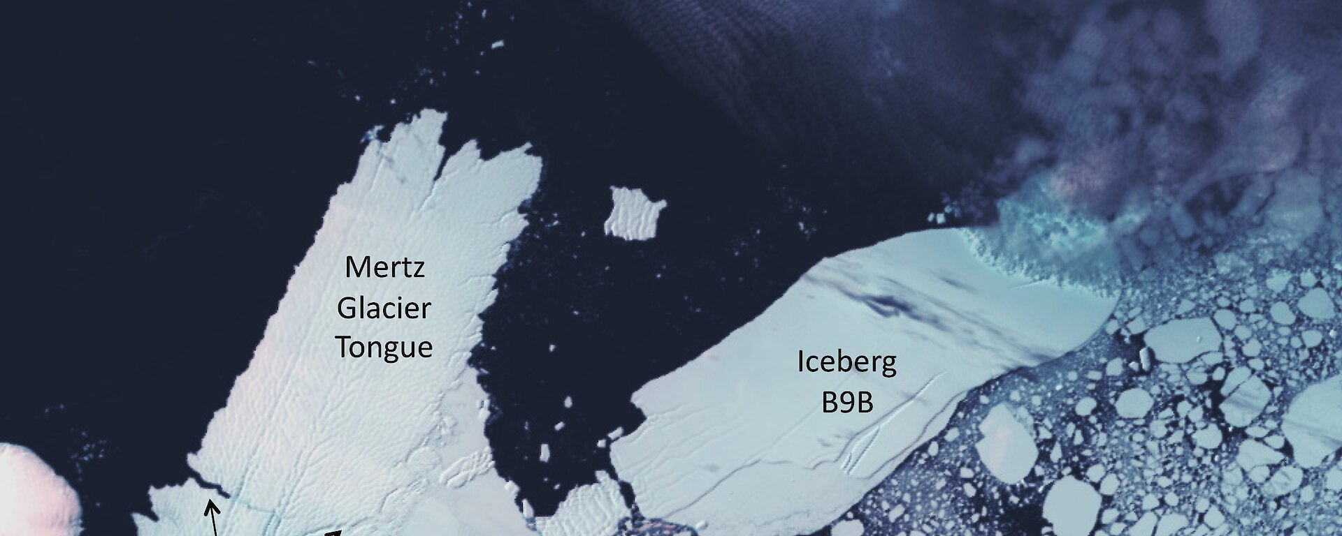 Satellite image showing B9B iceberg approaching the Mertz Glacier tongue