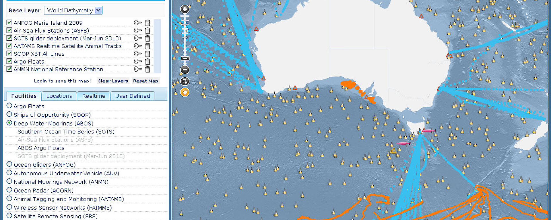 A map showing IMOS open ocean observations