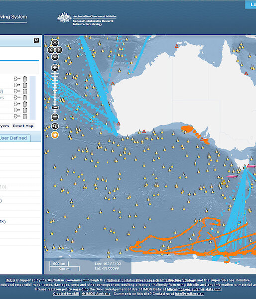 A map showing IMOS open ocean observations
