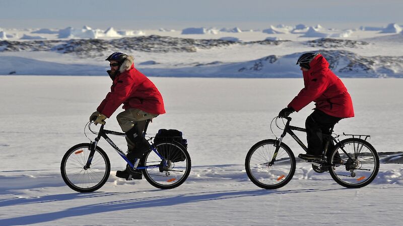 Casey station expeditioners Tim Bolton and Steve Leslie taking part in the Ride to Work Day