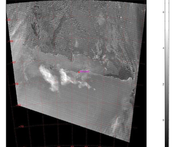 MODIS Terra satellite image of the nacreous clouds taken at 0514 Universal Time on 3 June 2009.