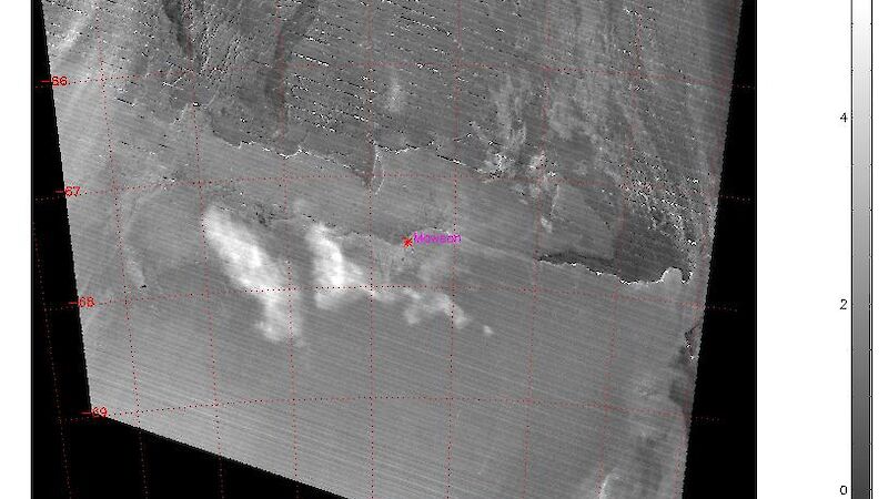 MODIS Terra satellite image of the nacreous clouds taken at 0514 Universal Time on 3 June 2009.