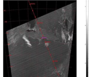 MODIS Aqua satellite image of nacreous clouds over Mawson taken at 105UT on 3 June 2009.