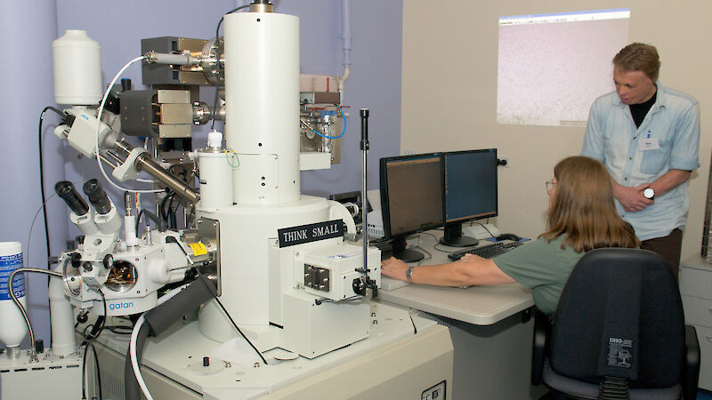 Electron microscope specialist Marilyn Carey with the new equipment.