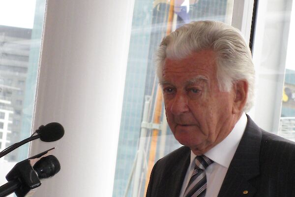 Former Prime Minister Bob Hawke addressing the gathering at the Australian National Maritime Museum in Sydney