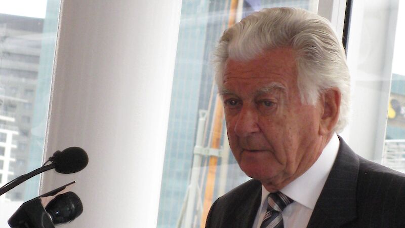 Former Prime Minister Bob Hawke addressing the gathering at the Australian National Maritime Museum in Sydney