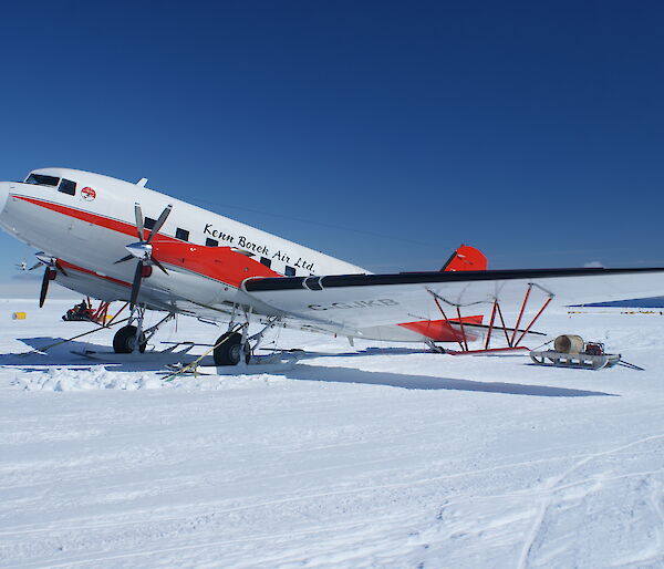 Basler aircraft used for the ICECAP project on the ground at Casey skiway