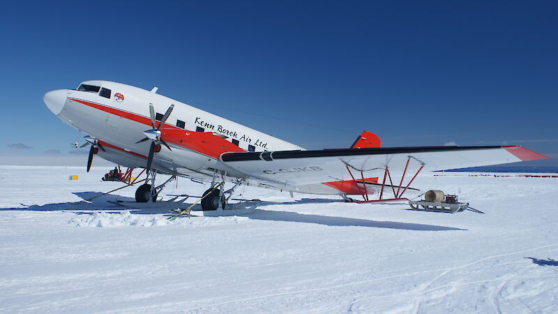 Basler aircraft used for the ICECAP project on the ground at Casey skiway