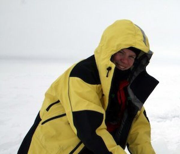 Jane Dobson testing the conductivity of sea ice in Antarctica