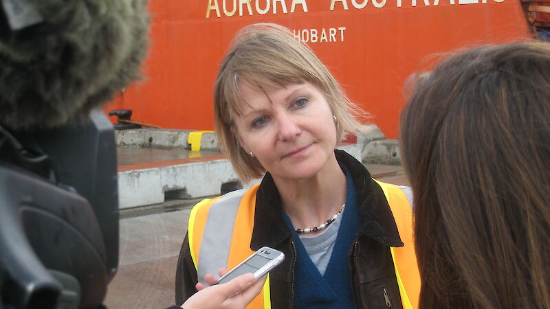 Dr Barbara Wienecke speaking to the media ahead of the first voyage of the summer season