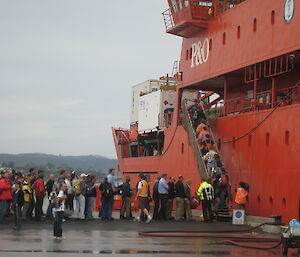 Expeditioners board the Aurora Australis bound for Antarctica