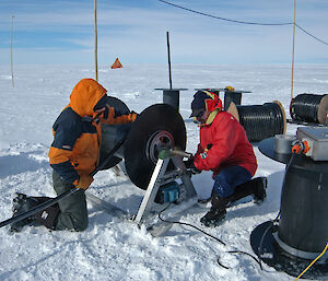 Preparing hose winder for hot water drill on the Amery Ice Shelf