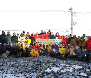 Group shot of Antarctic Division personnel in front of McMurdo station sign