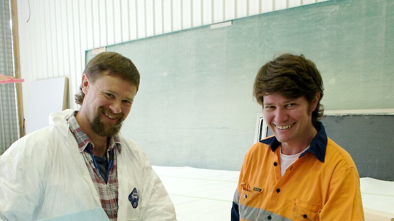 Project Engineer Mark Pekin and Fibreglass Technician Kim Rafferty inspect the internal composition of the panels