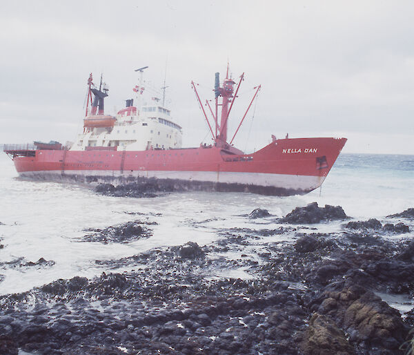 Nella Dan aground on jagged Macquarie Island rocks