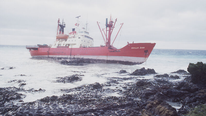 Nella Dan aground on jagged Macquarie Island rocks