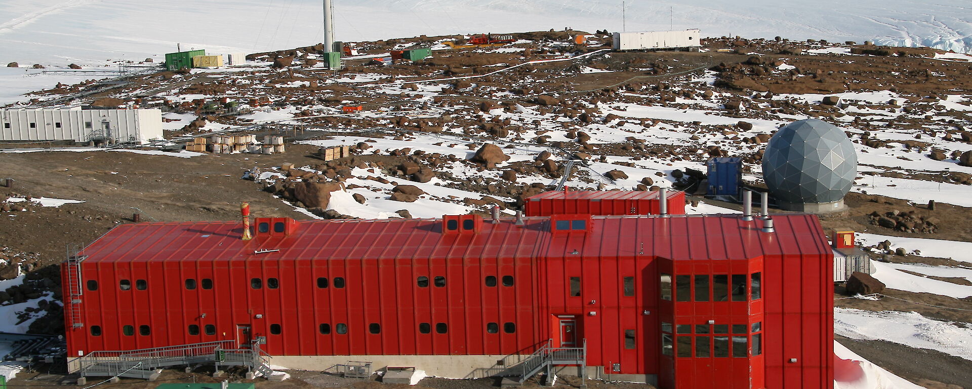 Mawson station’s Red Shed as seen from the top of the wind turbine