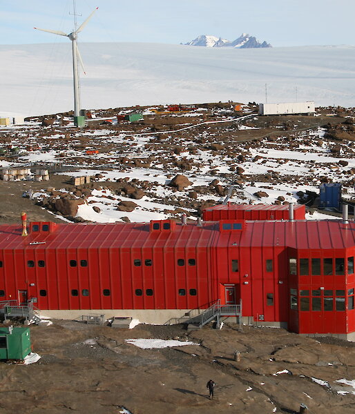 Mawson station’s Red Shed as seen from the top of the wind turbine