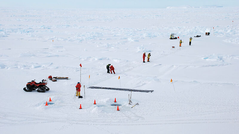 Scientists mark out a 200m transect on the sea ice.