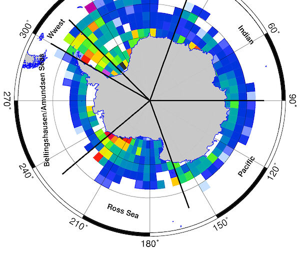 Circumpolar map of mean annual sea ice thickness (including ridged ice).