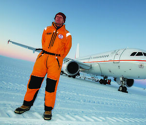 Environment Minister, Peter Garrett, and the A319 at Wilkins Runway, Antarctica