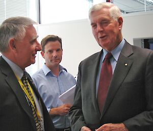 His Excellency Major General Michael Jeffery with Kim Pitt and Charlton Clark during the official opening of Wilkins Runway
