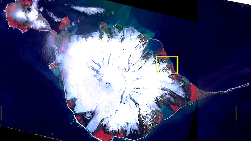 A mosaic of SPOT satellite images from 1988 and 1991 of Heard Island. The yellow box shows the area of interest displayed in the following two images.