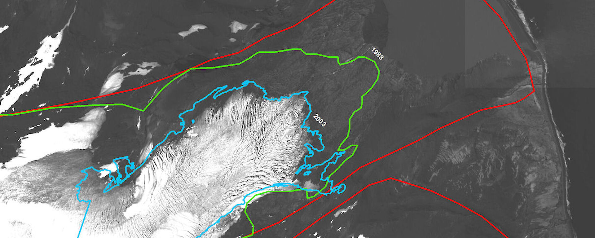 The retreat of Brown Glacier, Heard Island. The background image is from the WorldView-1 satellite, 23 March 2008.