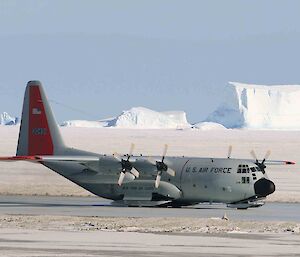 US C-130 Hercules aircraft on a sea-ice runway at Davis station