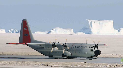 US C-130 Hercules aircraft on a sea-ice runway at Davis station