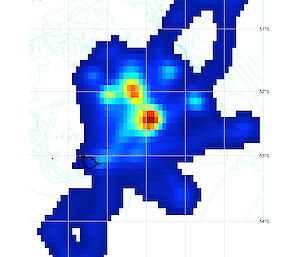 Area usage grid of the tracks displayed in the left hand figure. The relative amount of time that a number of animals spent in a given area is represented by the colour where blue is low and red is high.