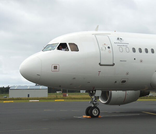 This Airbus A319 will fly regularly to Antarctica (close up view of cockpit)