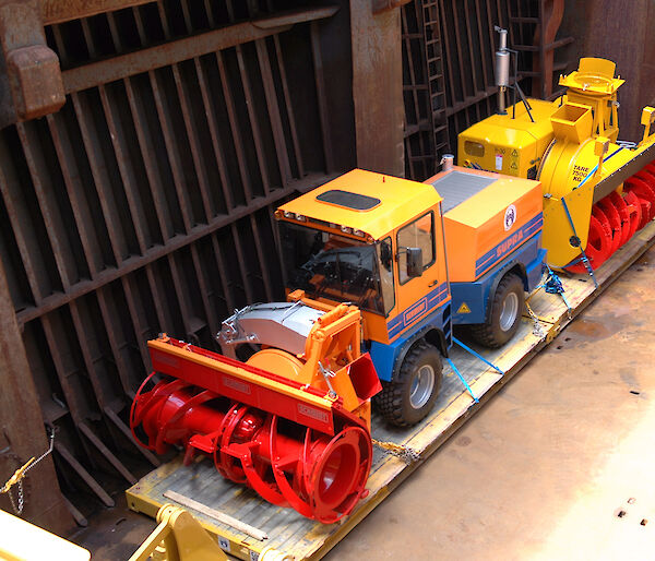 Snow blowers packed into the ship’s hold