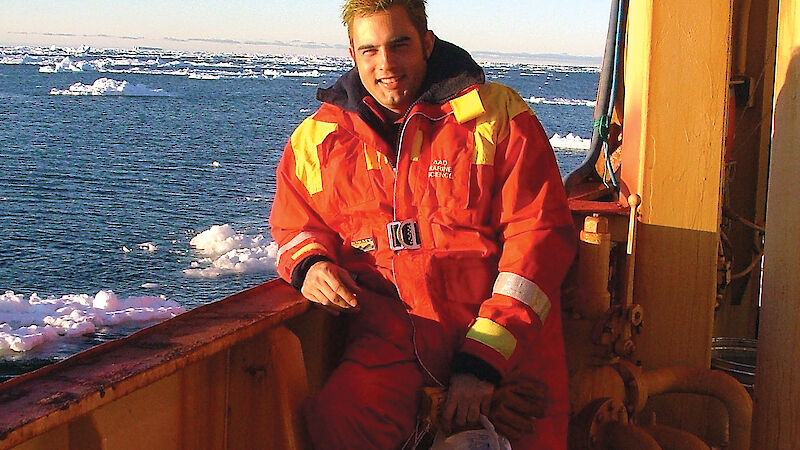 Dr Luke Finley on board the ice breaker Aurora Australis.