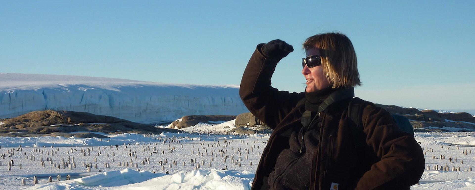 Penguin biologist, Dr Barbara Wienecke, near an Emperor penguin colony in Antarctica