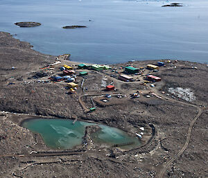 Aerial view of saline tarn at Davis station.