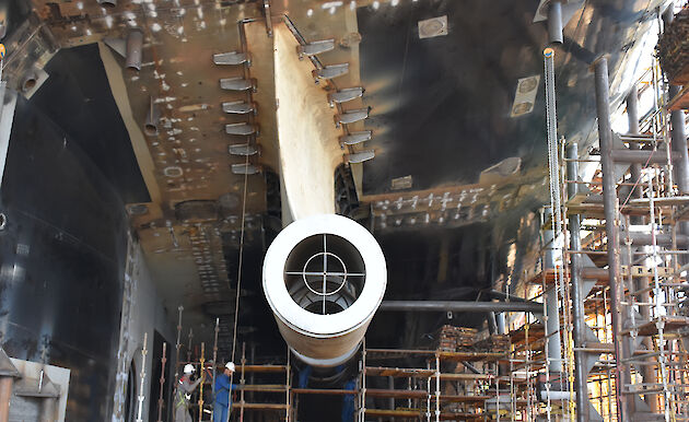A ‘gondola’ that will hold one of the ship’s propeller shaft.