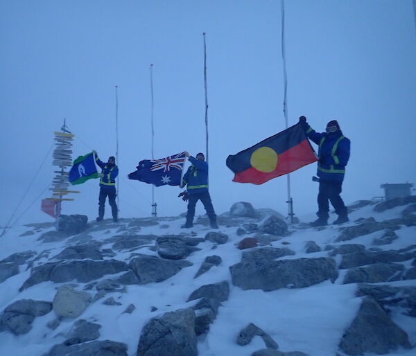 three people holding flags in a blizzard.