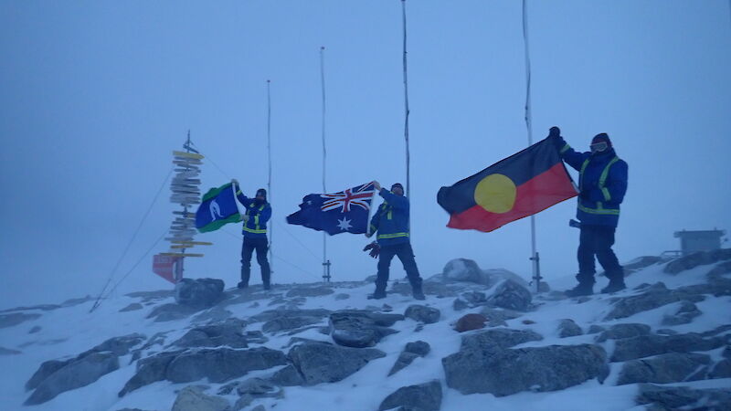 three people holding flags in a blizzard.