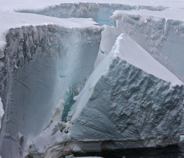 An iceberg calving off an ice shelf.