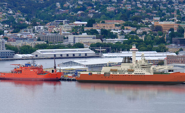 An artist’s impression of the Nuyina beside the Aurora Australis in Hobart.