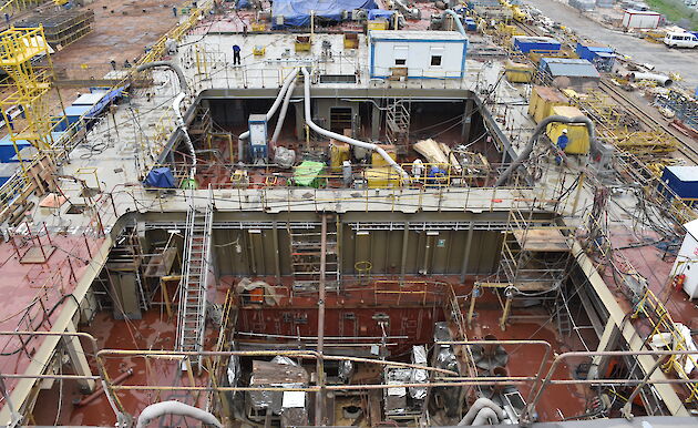 Two dry cargo holds sitting forward of the bridge.