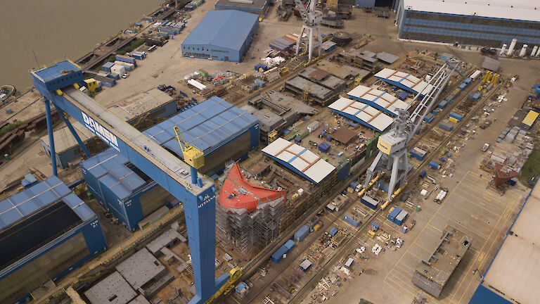 An aerial view of the Nuyina in the dry dock.